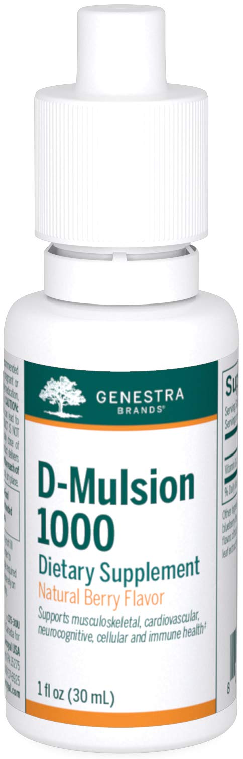 Genestra D-Mulsion 1000, gouttes cerise naturelle, soutien immunitaire potentiel et énergie durable.