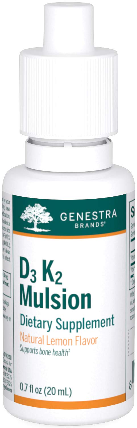 Genestra D3 K2 Mulsion, bouteille visible, soutien potentiel des os et santé vasculaire.