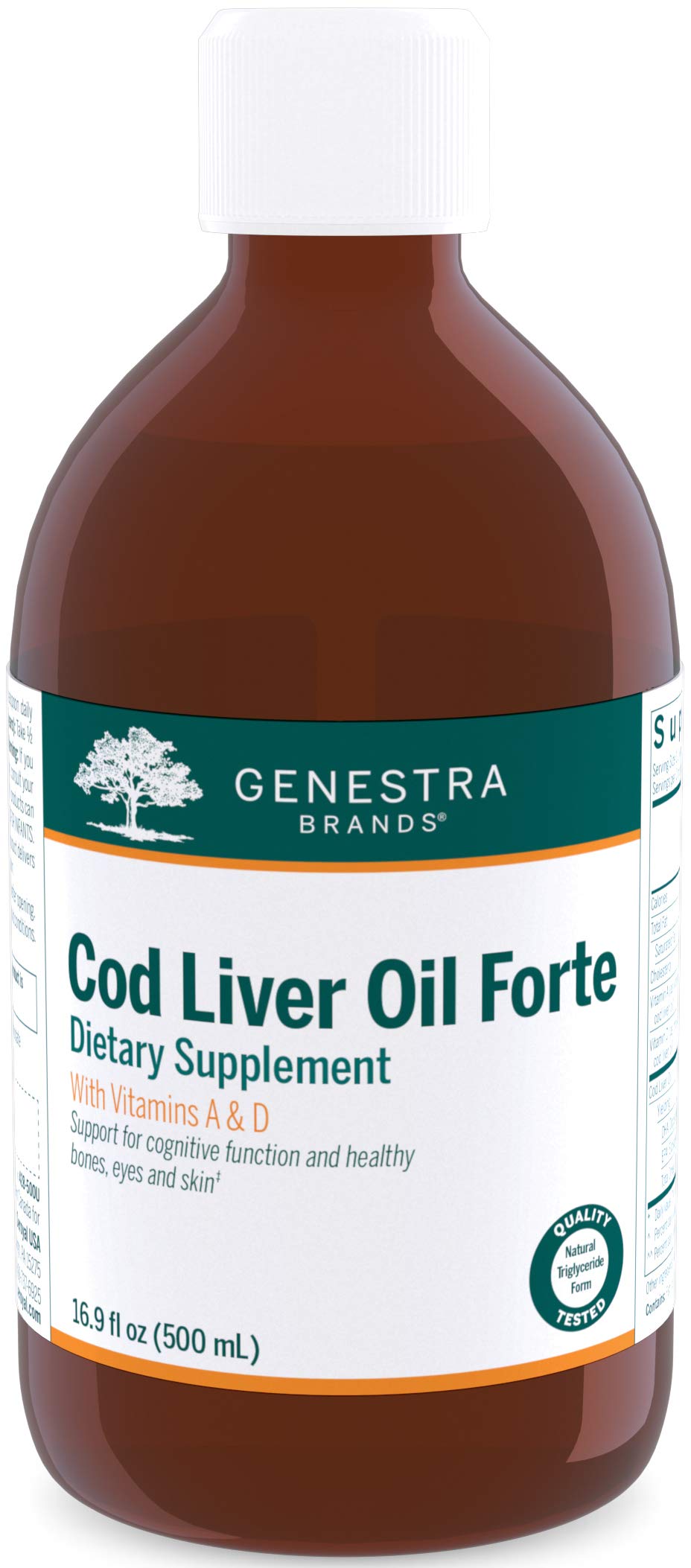 Genestra Huile de foie de morue Forte – bouteille affichant l’étiquette et les bénéfices potentiels.
