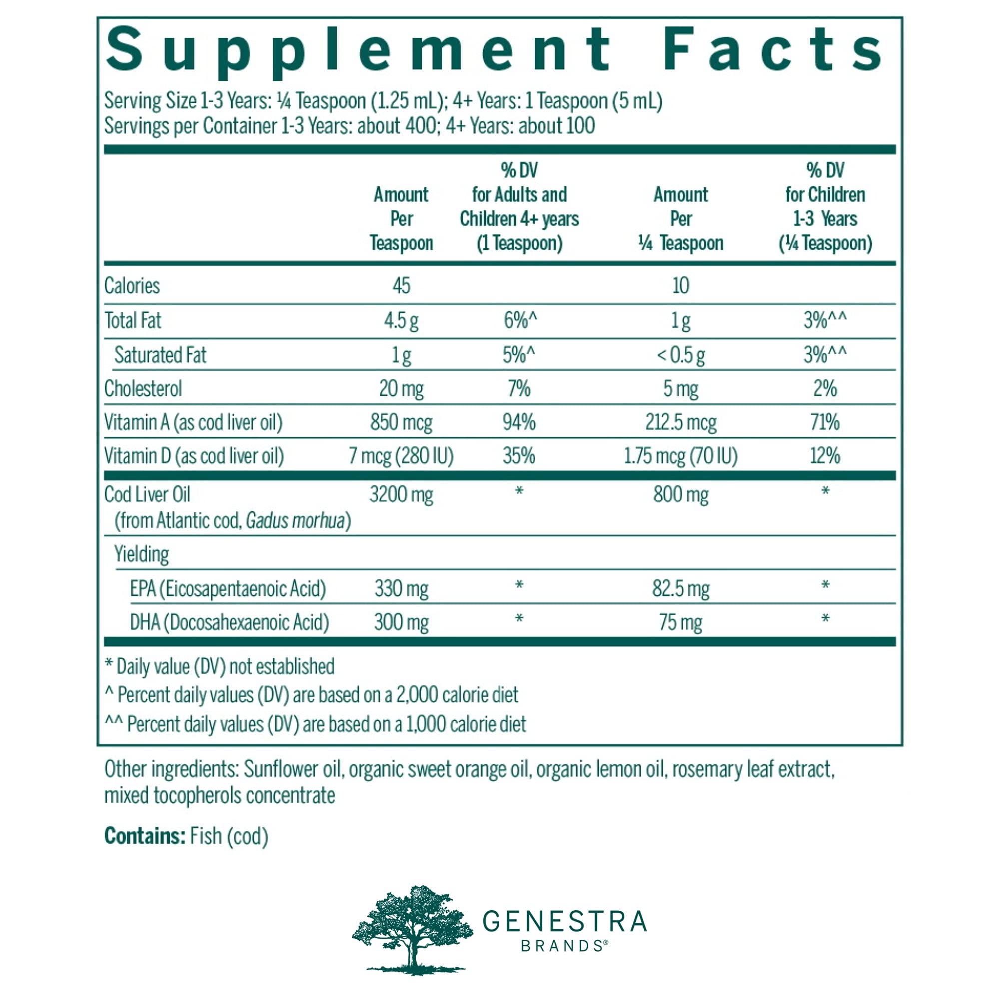 Genestra Huile de foie de morue Forte – étiquette détaillée et informations essentielles.