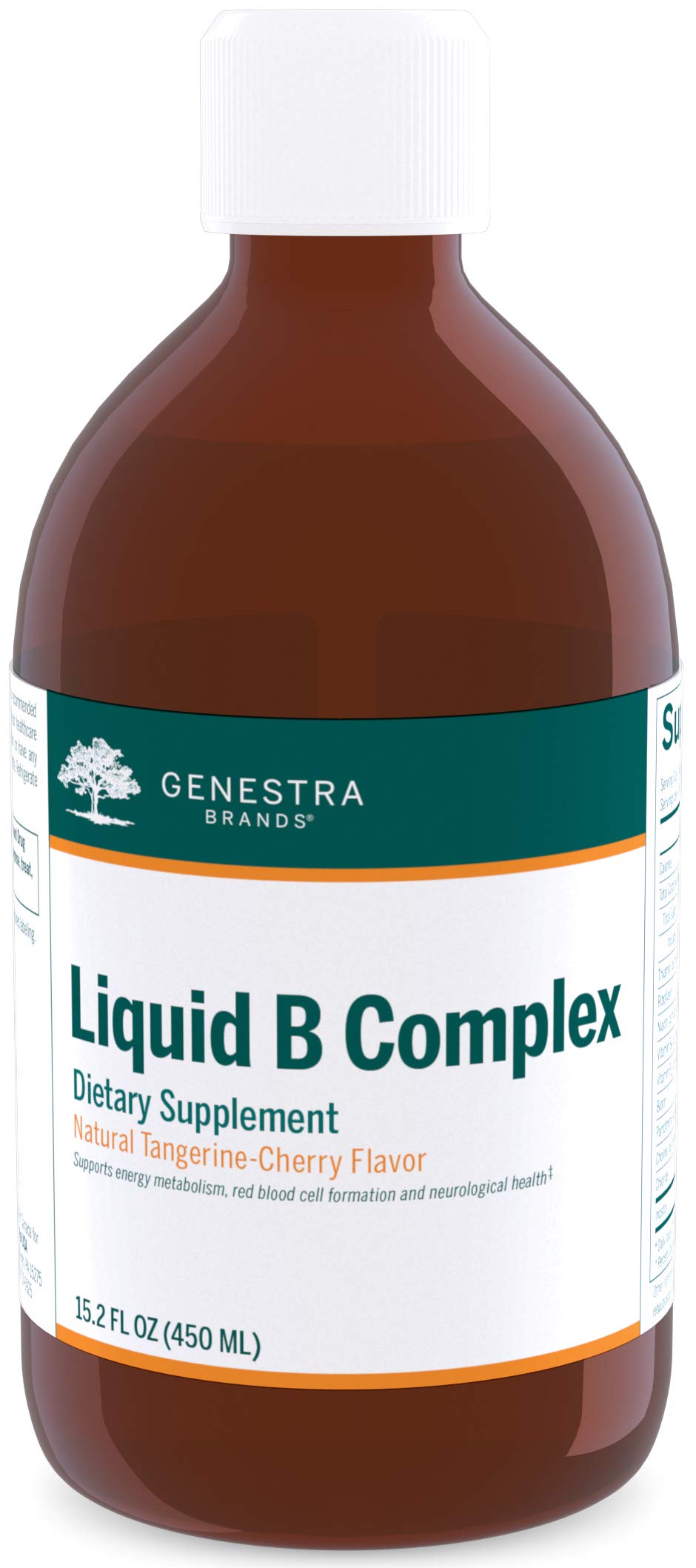 Genestra Brands Liquid B Complex, bouteille, soutien potentiel à l'énergie et au métabolisme.
