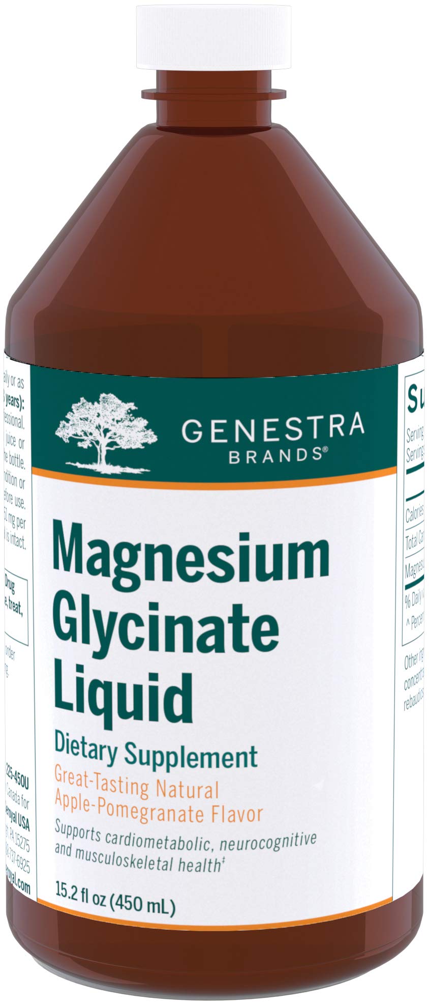 Genestra Magnésium Glycinate Liquide – bouteille-pomme-grenade, saveur fruitée et soutien potentiel.