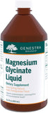 Genestra Magnésium Glycinate Liquide – bouteille-pomme-grenade, saveur fruitée et soutien potentiel.