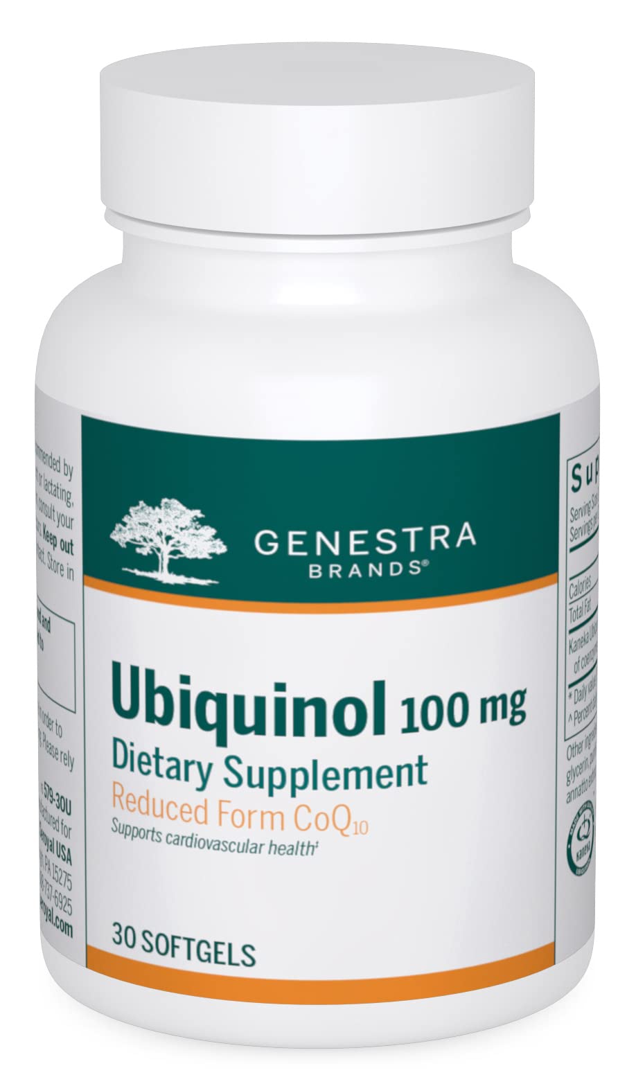Genestra Ubiquinol 100 mg dans sa bouteille, capsule facile à avaler pour soutien antioxydant.