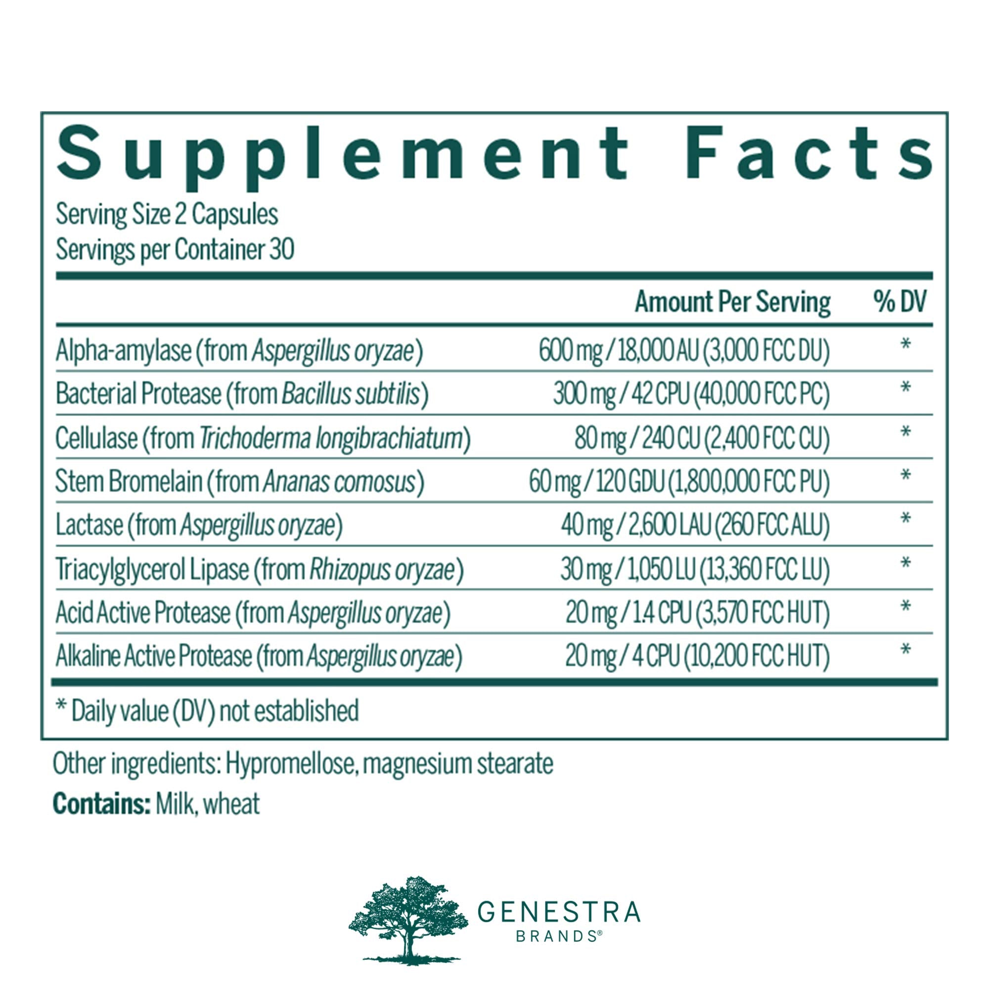 Genestra V-Enzymes gélules: aide potentielle à la digestion des protéines et glucides.