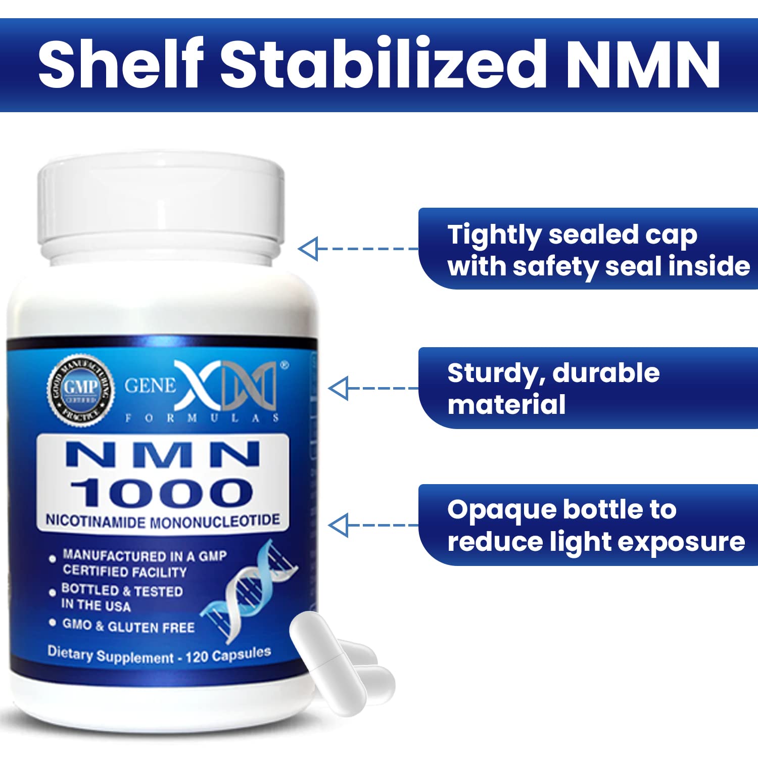 Genex Formulas NMN 1000 mg, emballage opaque: protection contre la lumière et stabilité.
