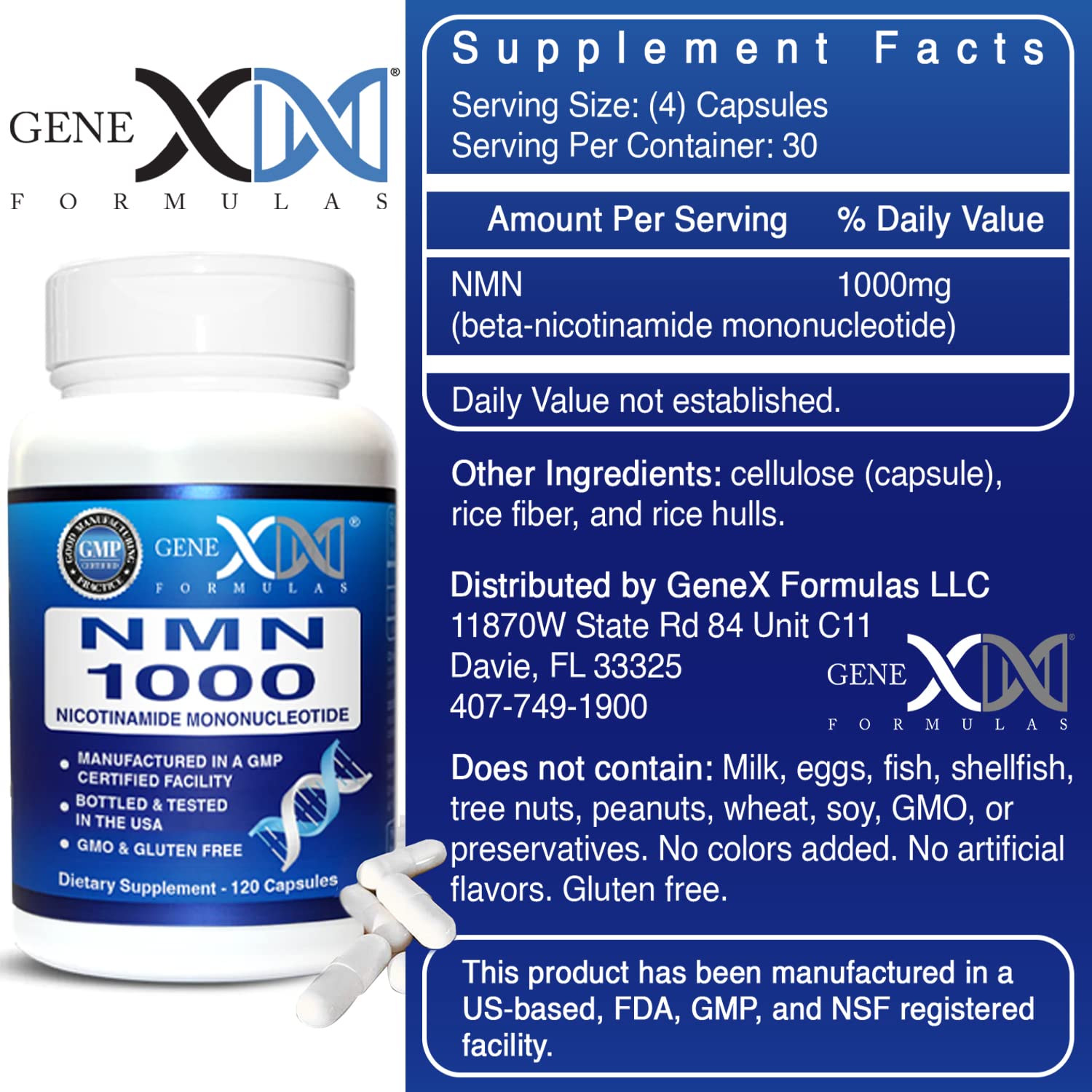 Genex Formulas NMN 1000 mg, étiquette: identité produit et dosage clairement affichés.