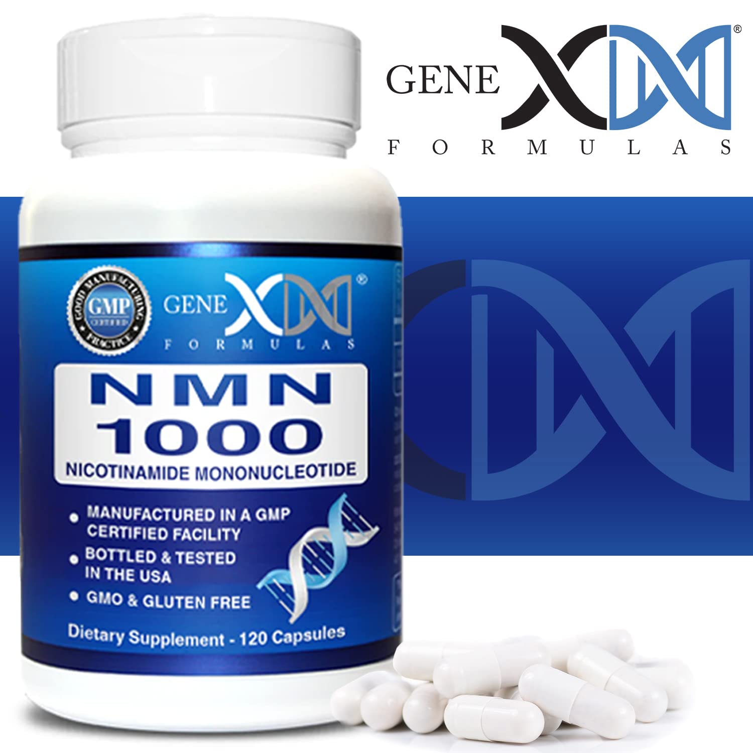 Genex Formulas NMN 1000 mg, sceau GMP/NSF: garantie sécurité et qualité.