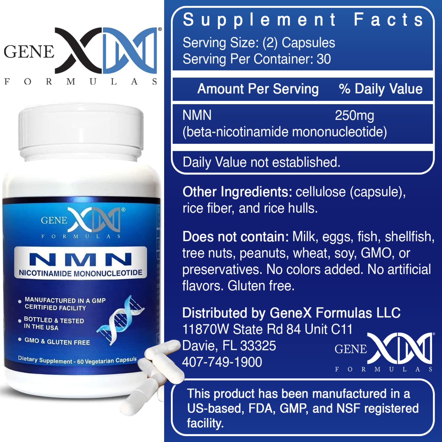 Genex Formulas NMN 250 mg – étiquette COA transparente, fiabilité et traçabilité.