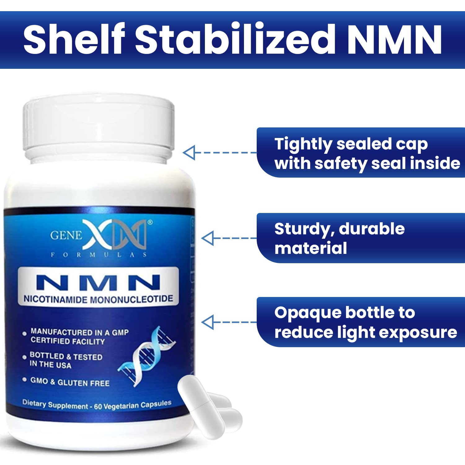 Genex Formulas NMN 250 mg – fiche certifiée GMP et NSF, assurance qualité.