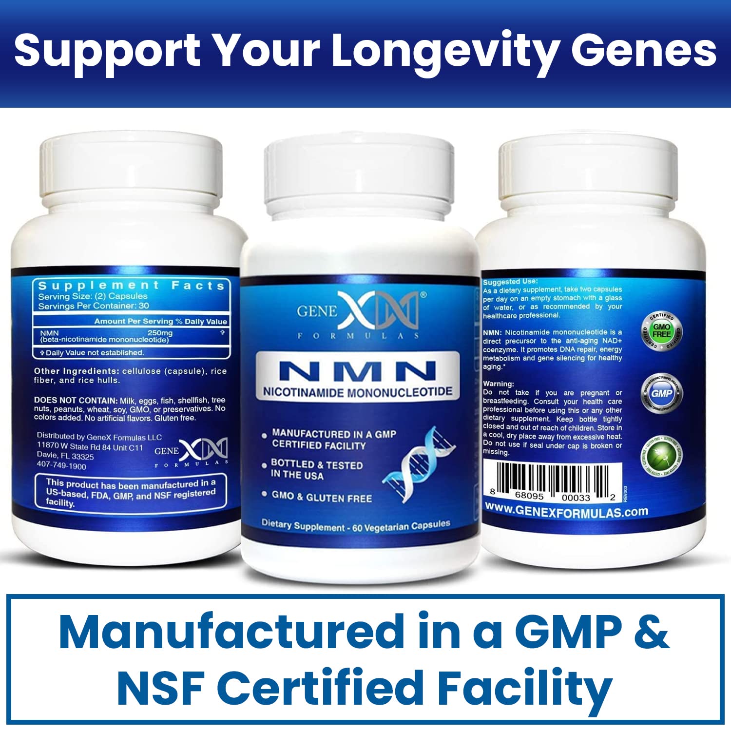 Genex Formulas NMN 250 mg – tableau des ingrédients pour une vue claire de la formule.