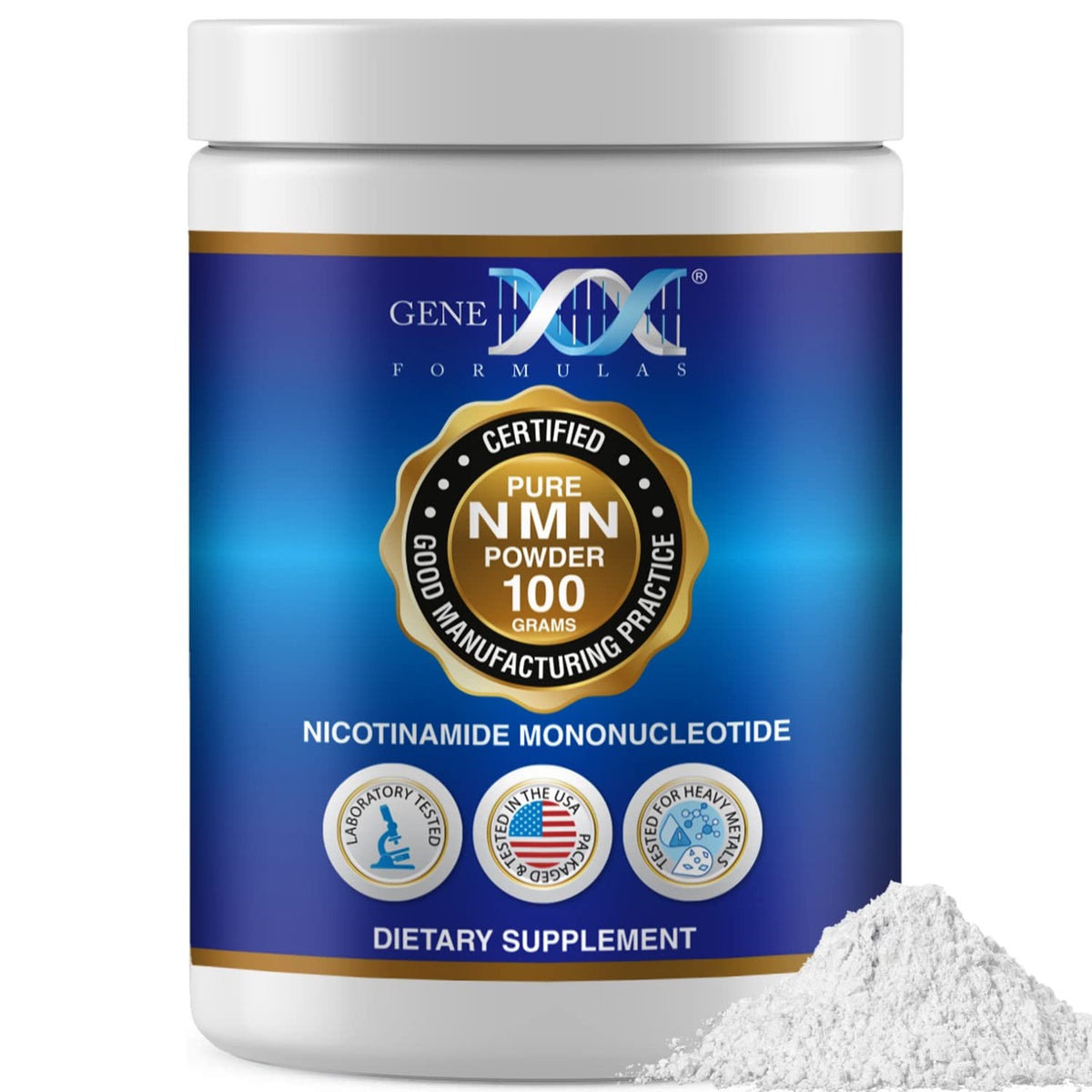 Genex Formulas Pure NMN Poudre dans emballage opaque protégeant la stabilité.