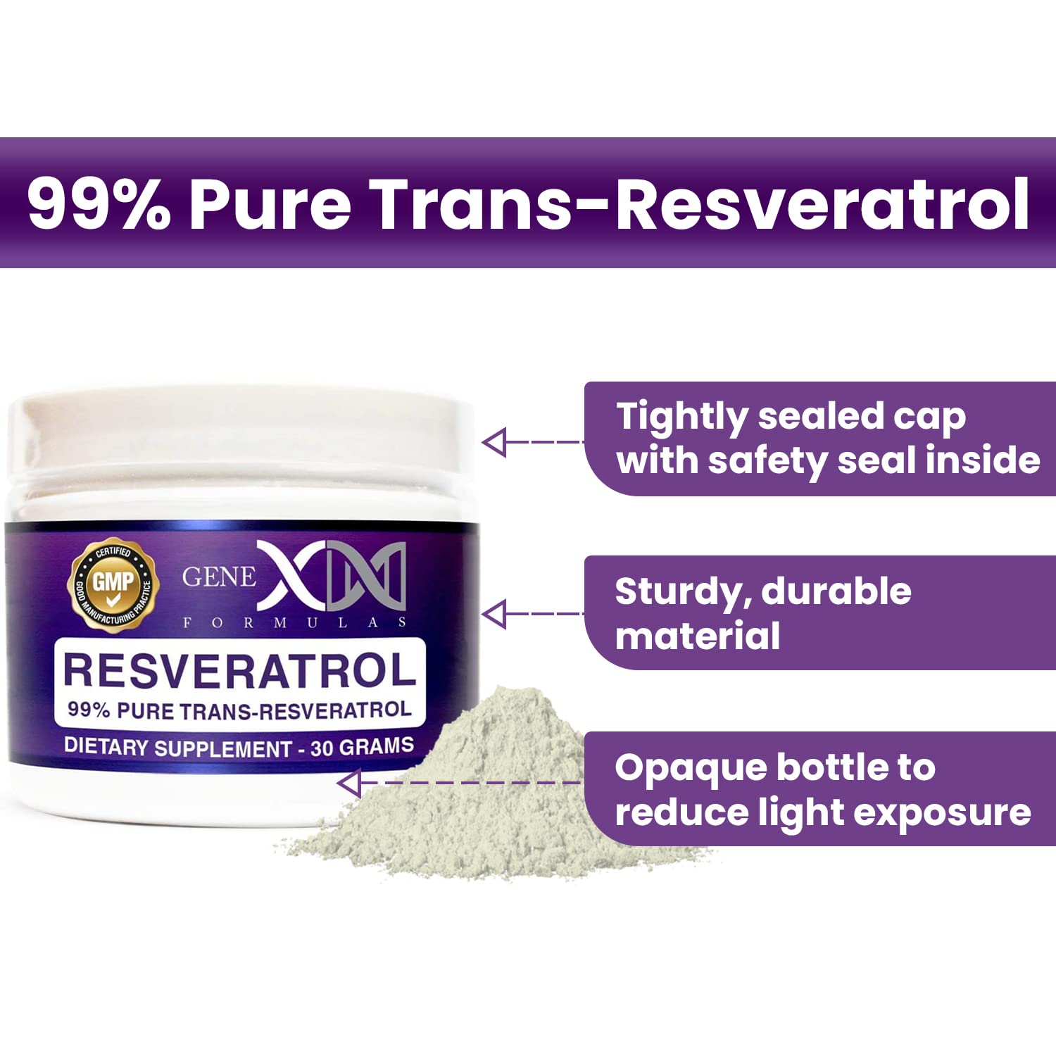Genex Trans-Resveratrol poudre contenants opaques protégeant la stabilité.