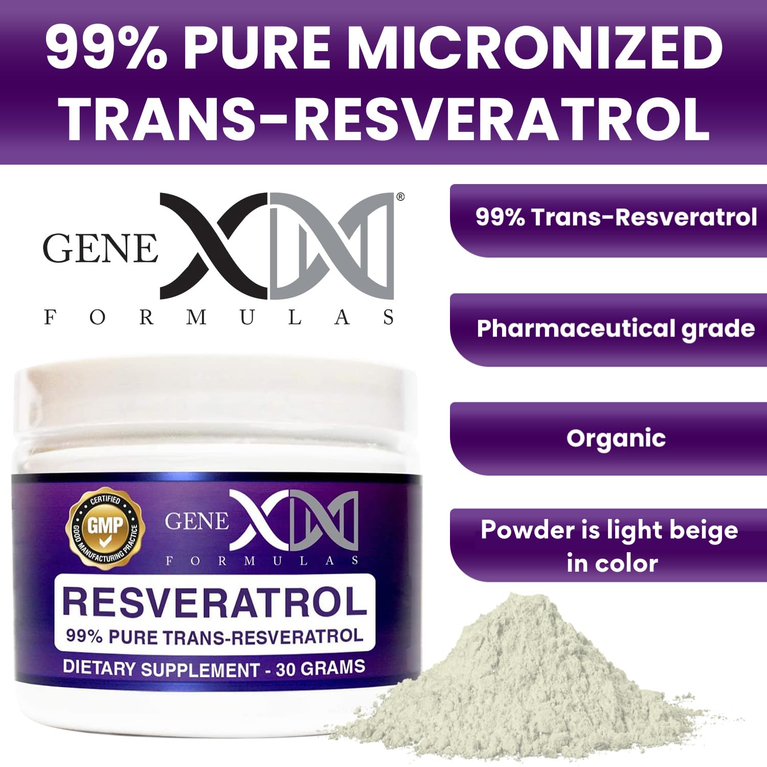 Genex Trans-Resveratrol poudre grains micronisés pour une meilleure dissolution.