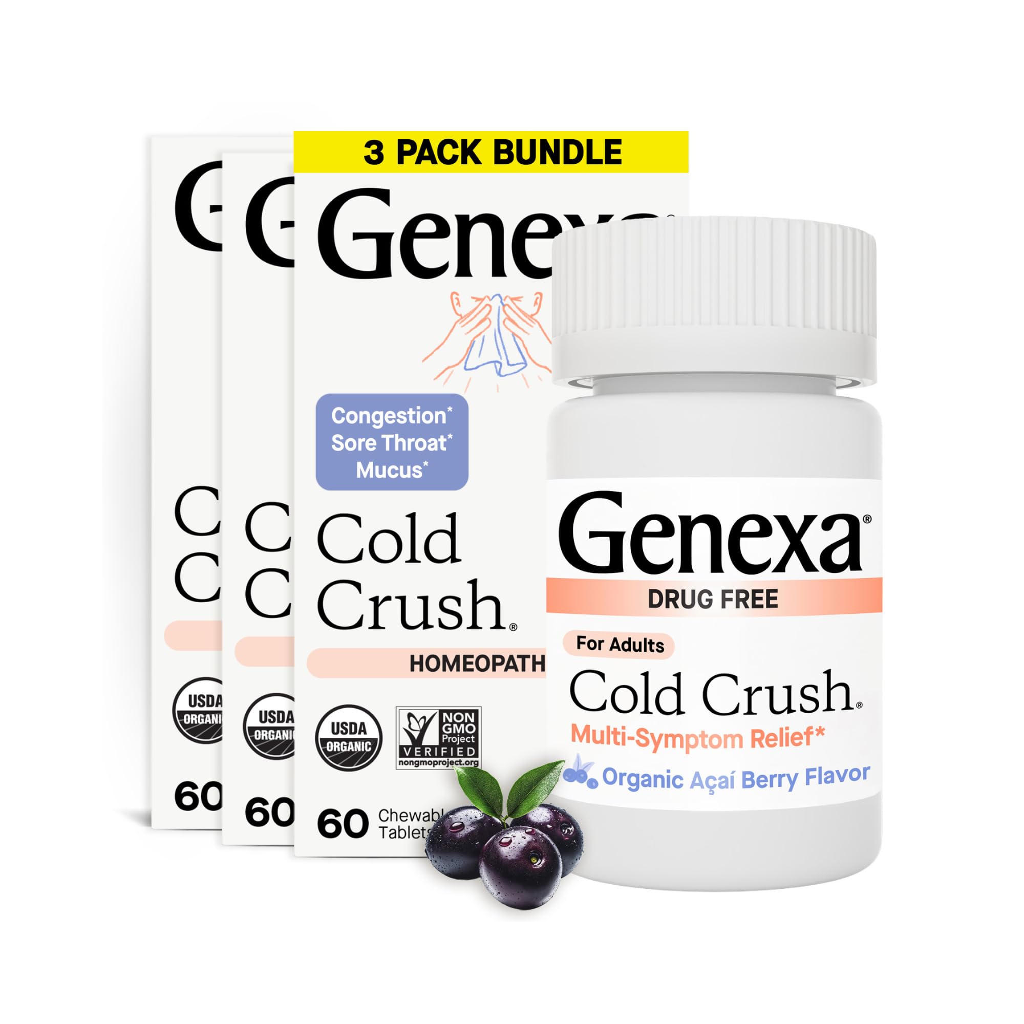 Genexa Cold Crush comprimés à croquer goût açaï, pratique pour usage à domicile et en déplacement
