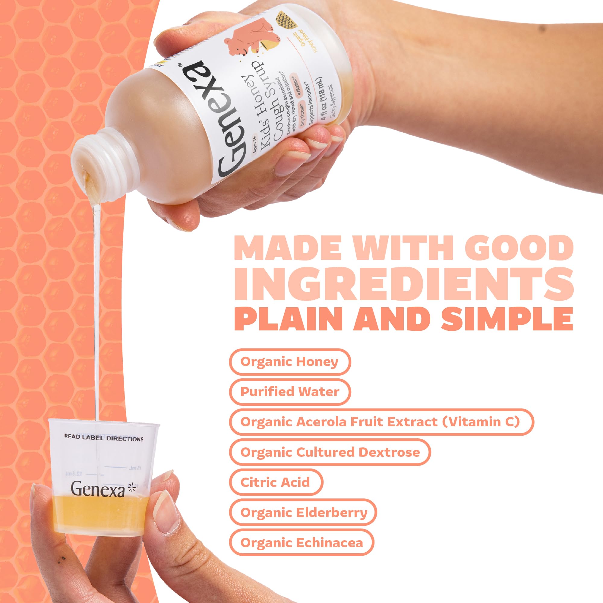 Genexa sirop miel biologique pour enfants, étiquette illustrée et attrayante.