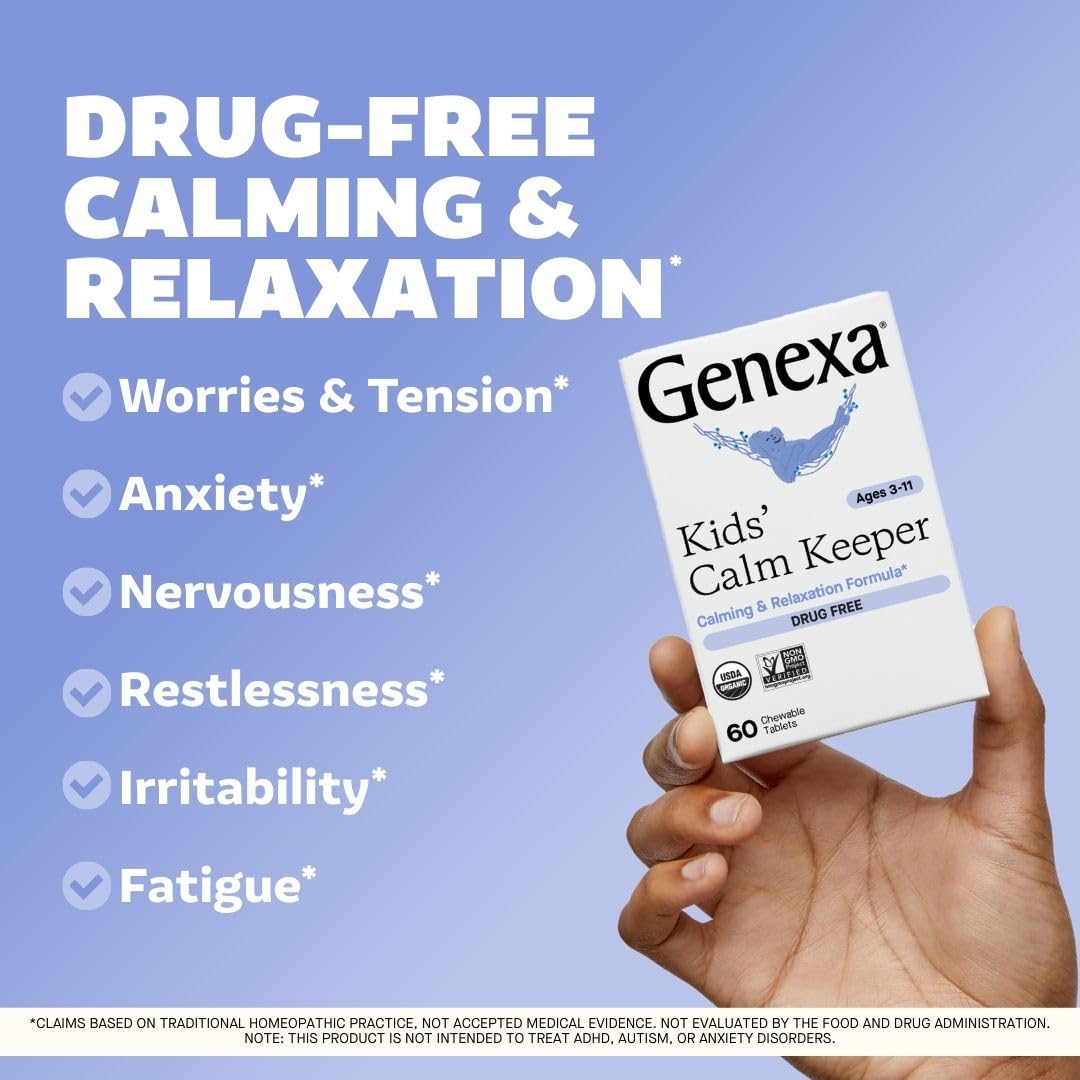 Genexa Kid’s Calm Keeper Tablettes Masticables — option facile pour réduire le stress chez l’enfant.