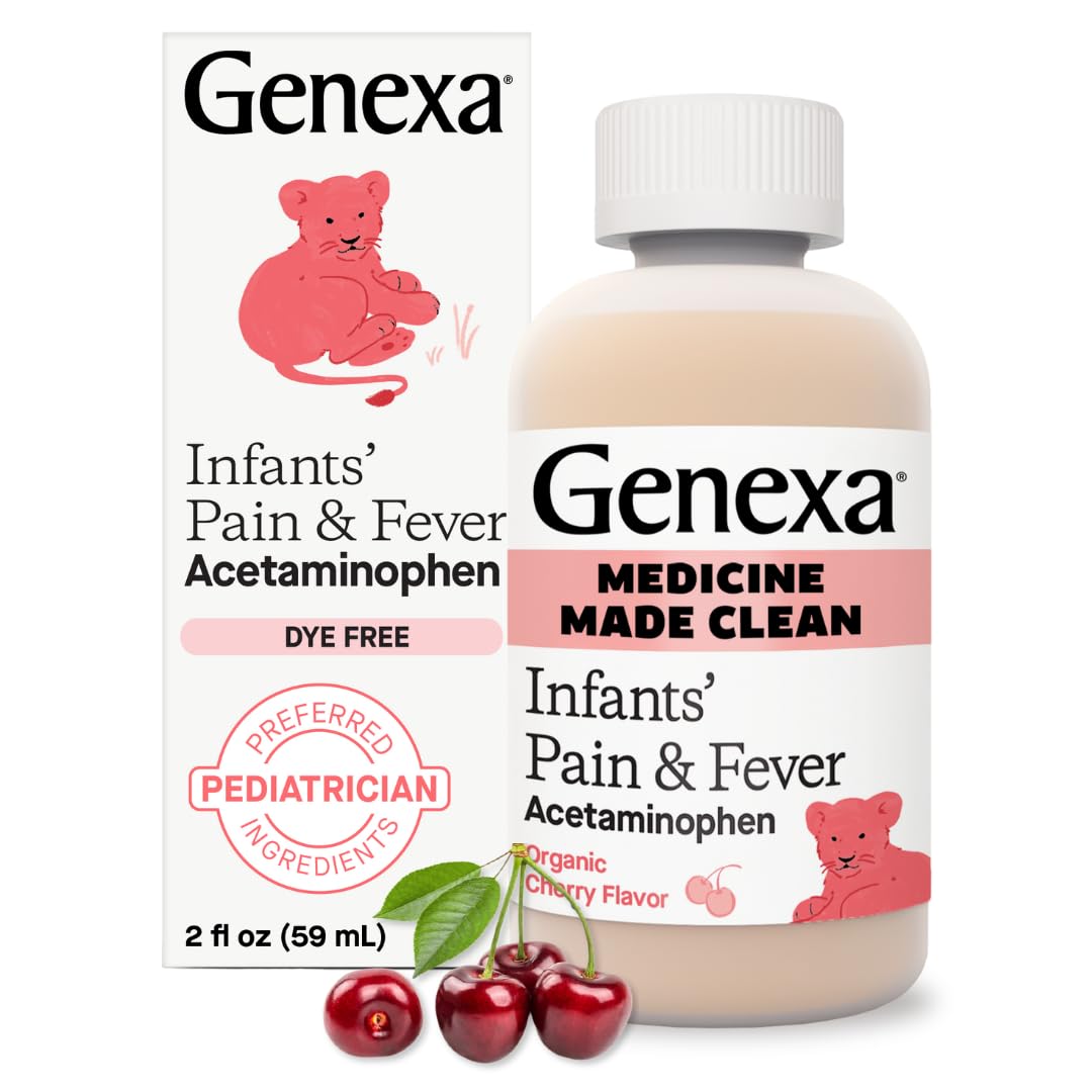Genexa pour bébés flacon-liquide en vedette, solution pratique pour fièvres et douleurs mineures.