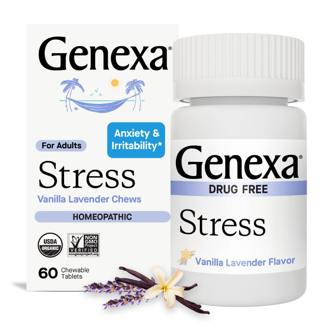 Genexa Soulagement du Stress: bouteille de comprimés masticables vanille lavande pour une détente délicate.