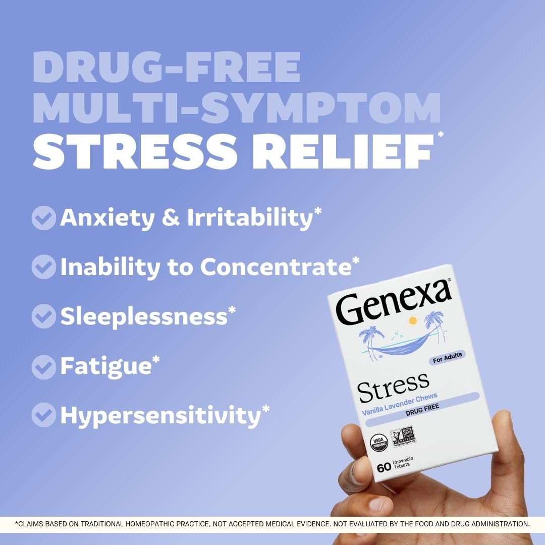 Genexa Stress – tablettes vanille-lavande dans emballage ouvert, prêt à consommer