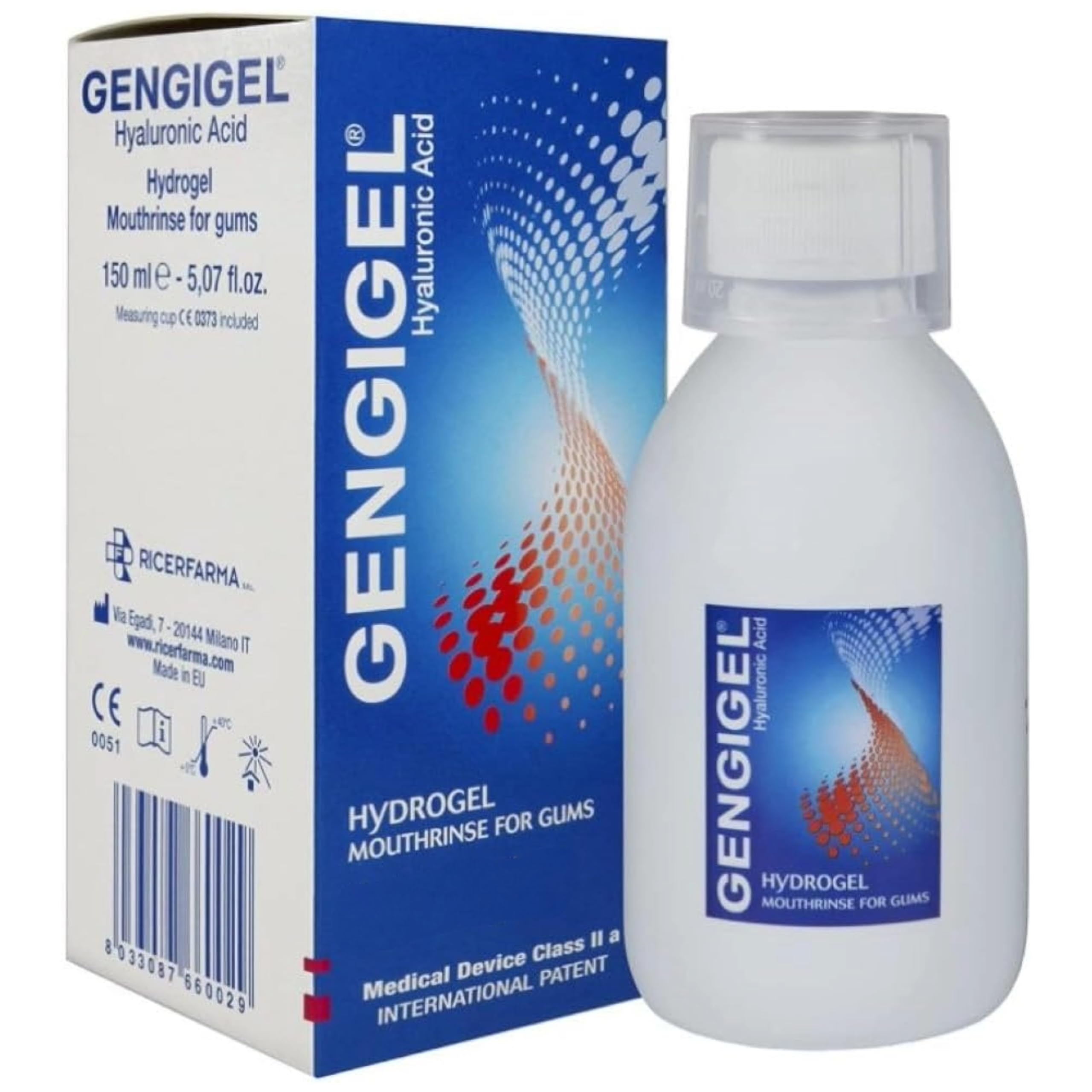 Gengigel Bouteille bain de bouche hyaluronique pour hydrater et apaiser les gencives.