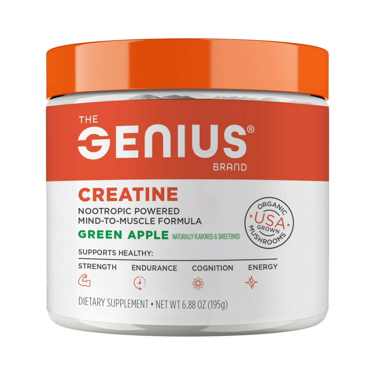 Genius Brand Creatine – bouteille pomme verte, énergie cellulaire potentielle après l’effort.