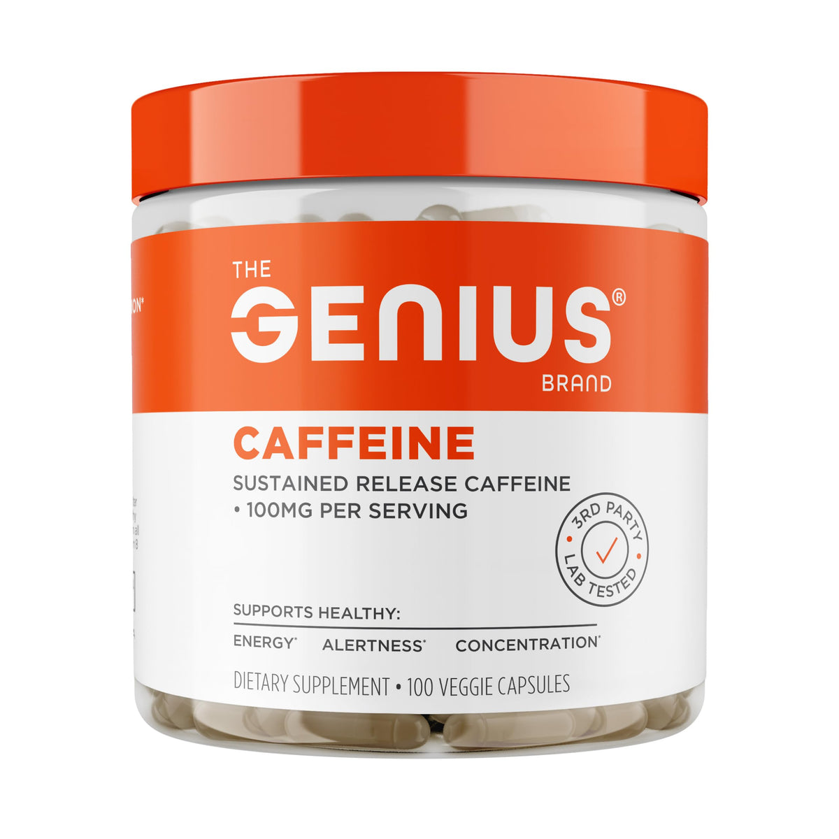 Genius Caffeine, bouteille ouverte montrant les capsules et énergie durable.
