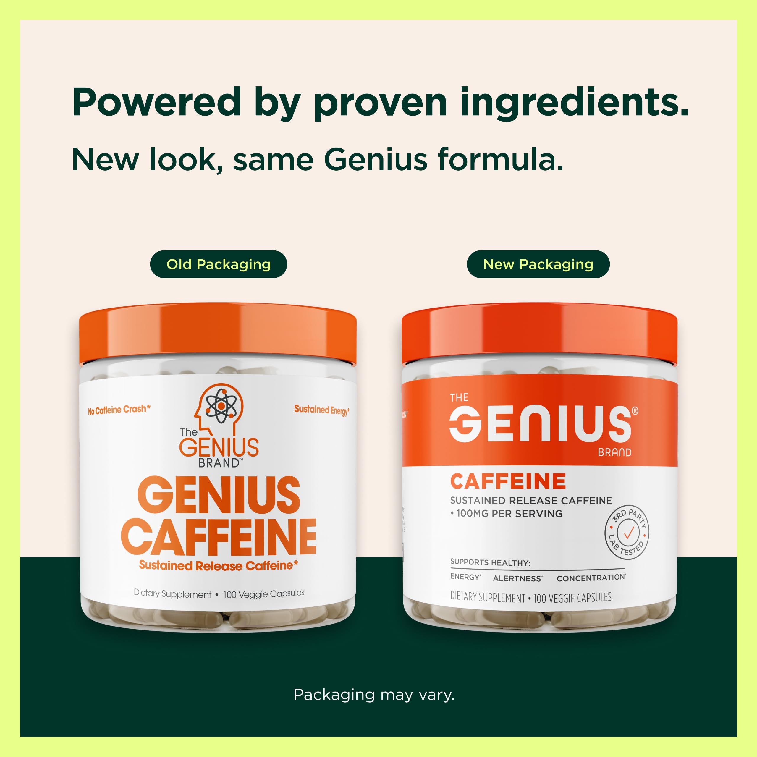 Genius Caffeine, capsules en gros plan, démontrant une concentration soutenue.