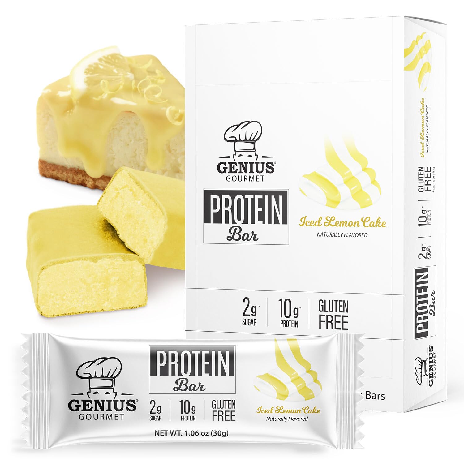 Genius Gourmet barre protéinée citron glacé, texture moelleuse et apport protéique.