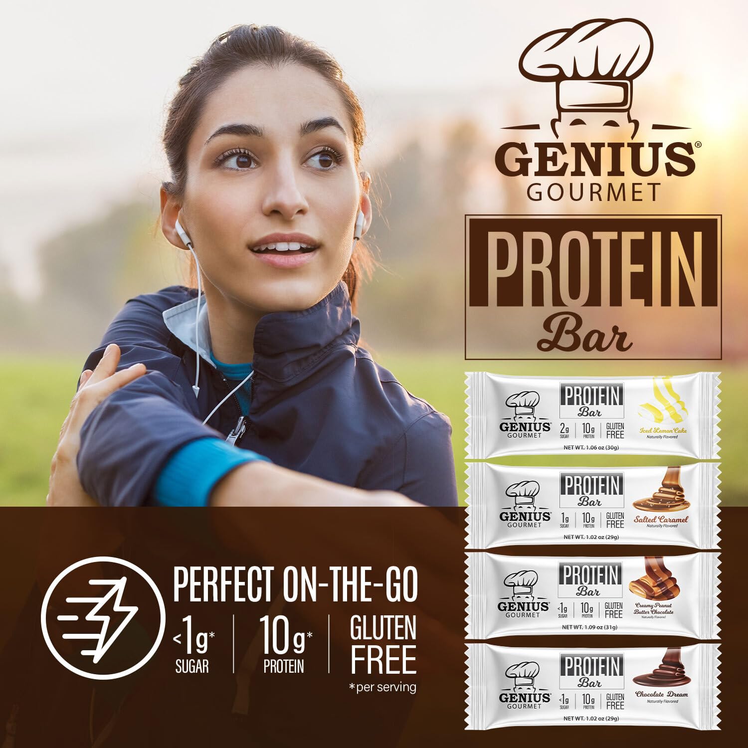 Barre Genius Gourmet snack portable, pratique au bureau ou en déplacement.