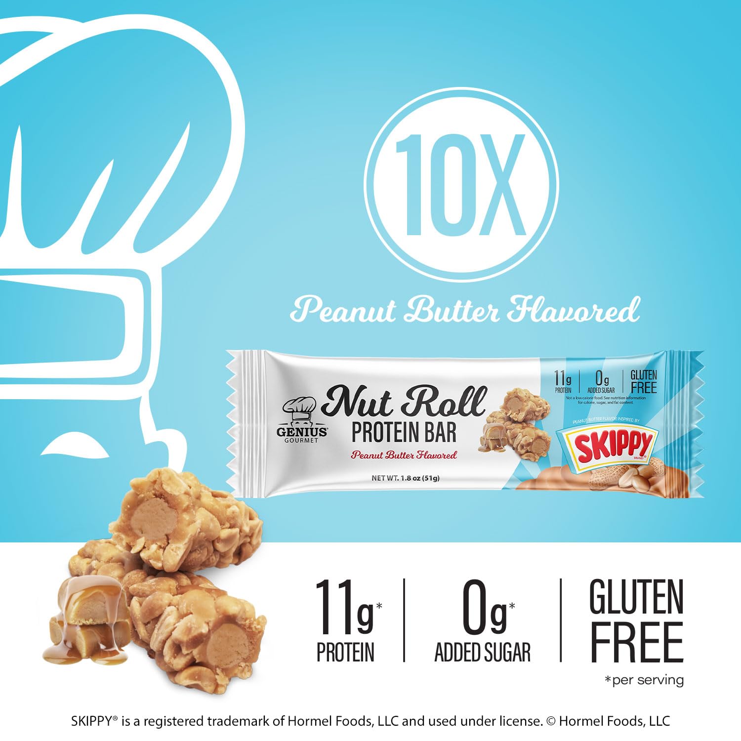 Genius Gourmet barre protéinée, protéine 11g par portion pour énergie pratique.