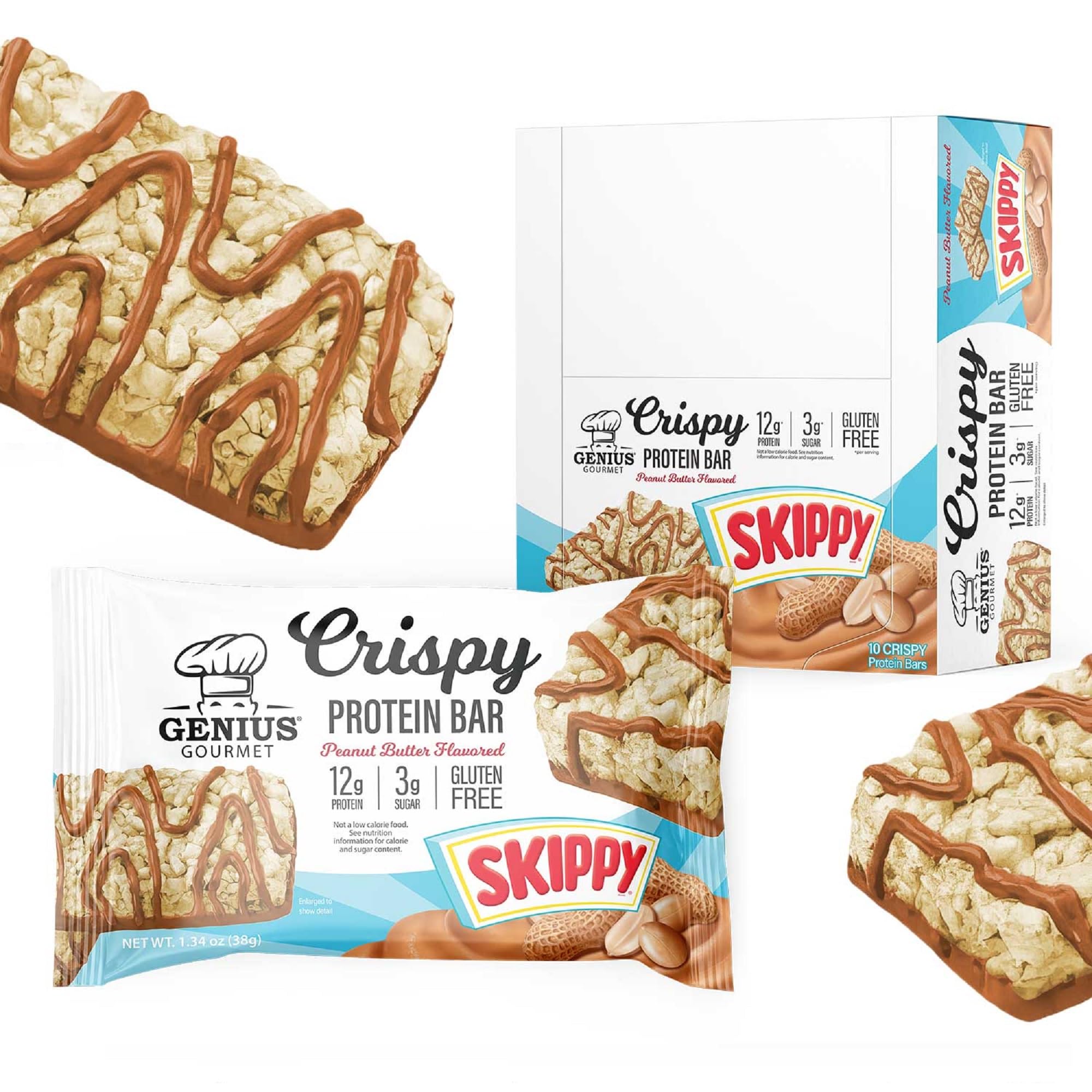 Genius Gourmet SKIPPY, barre protéinée croustillante, idéal en collation post-entraînement.