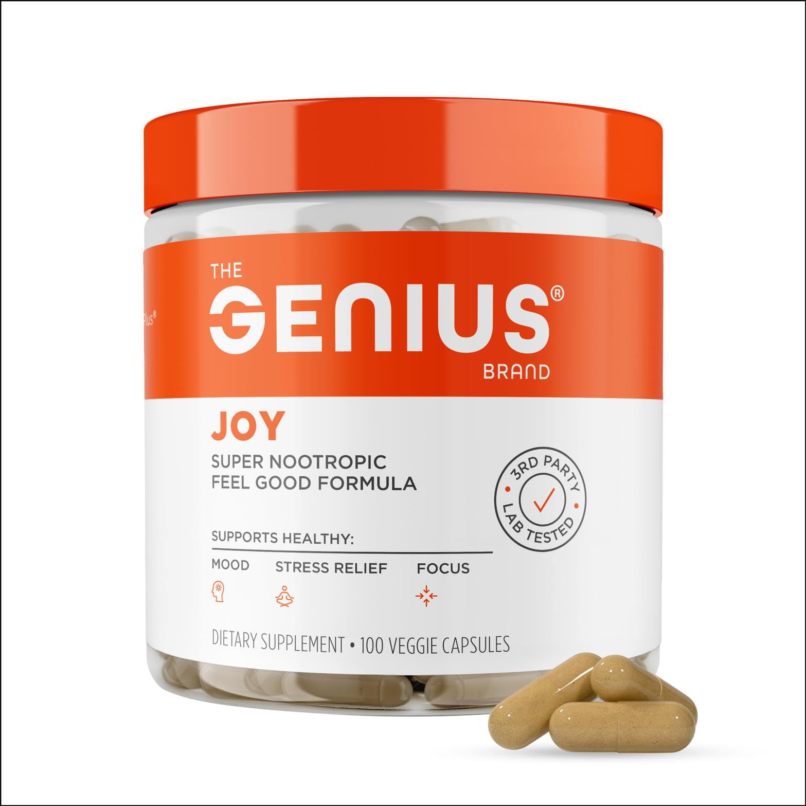Capsules Genius Joy prêtes à prendre pour soutenir l'humeur et la concentration.