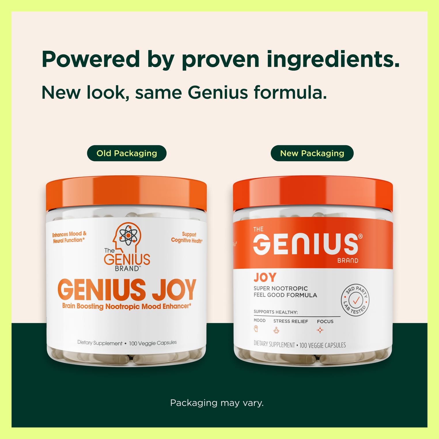 Étiquette bio de Genius Joy reflète des ingrédients naturels et non-OGM.