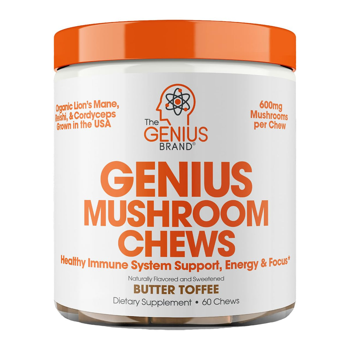 The Genius Brand Genius Mushroom sur bouteille criniere de lion, soutien concentration potentiel.