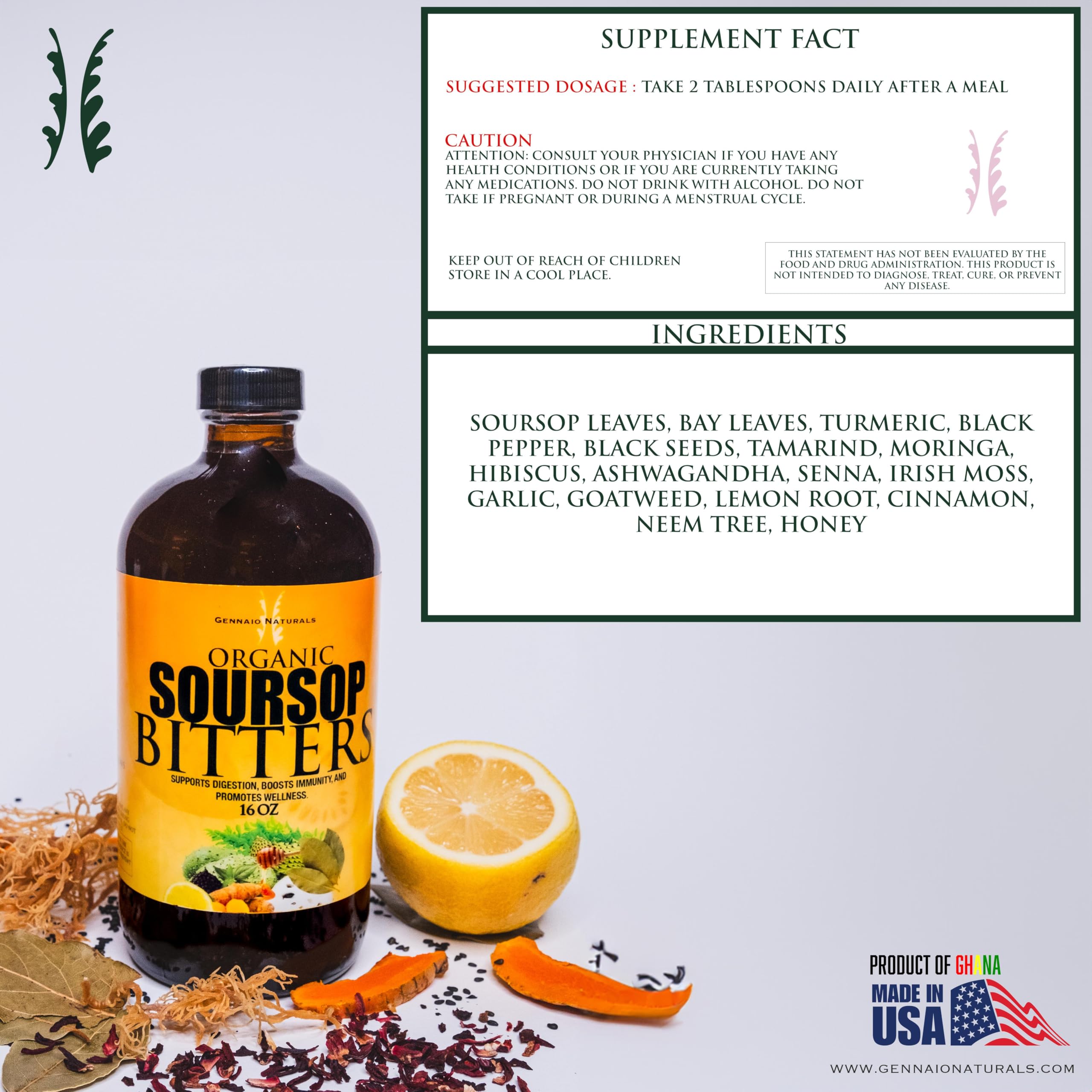 Gennaio Naturals Bitters de corossol – depiction d’énergie naturelle et vitalité.
