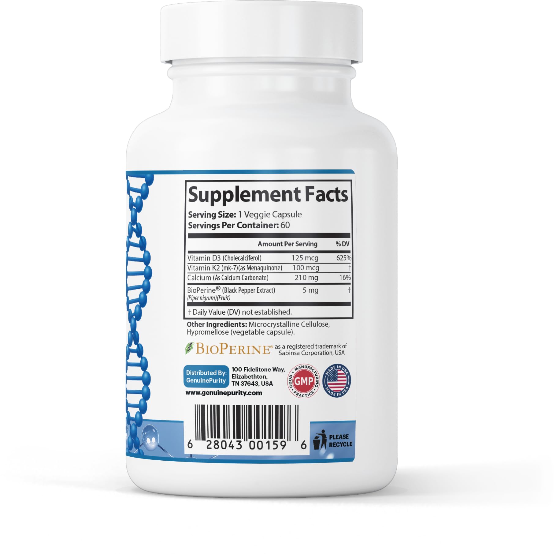 Étiquette GenuinePurity D3 K2 et liposome démontrant la stabilité digestive.