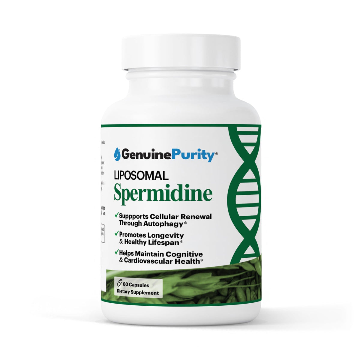 GenuinePurity liposomale Spermidine: bouteille, soutien potentiel au renouvellement cellulaire et à la vitalité.