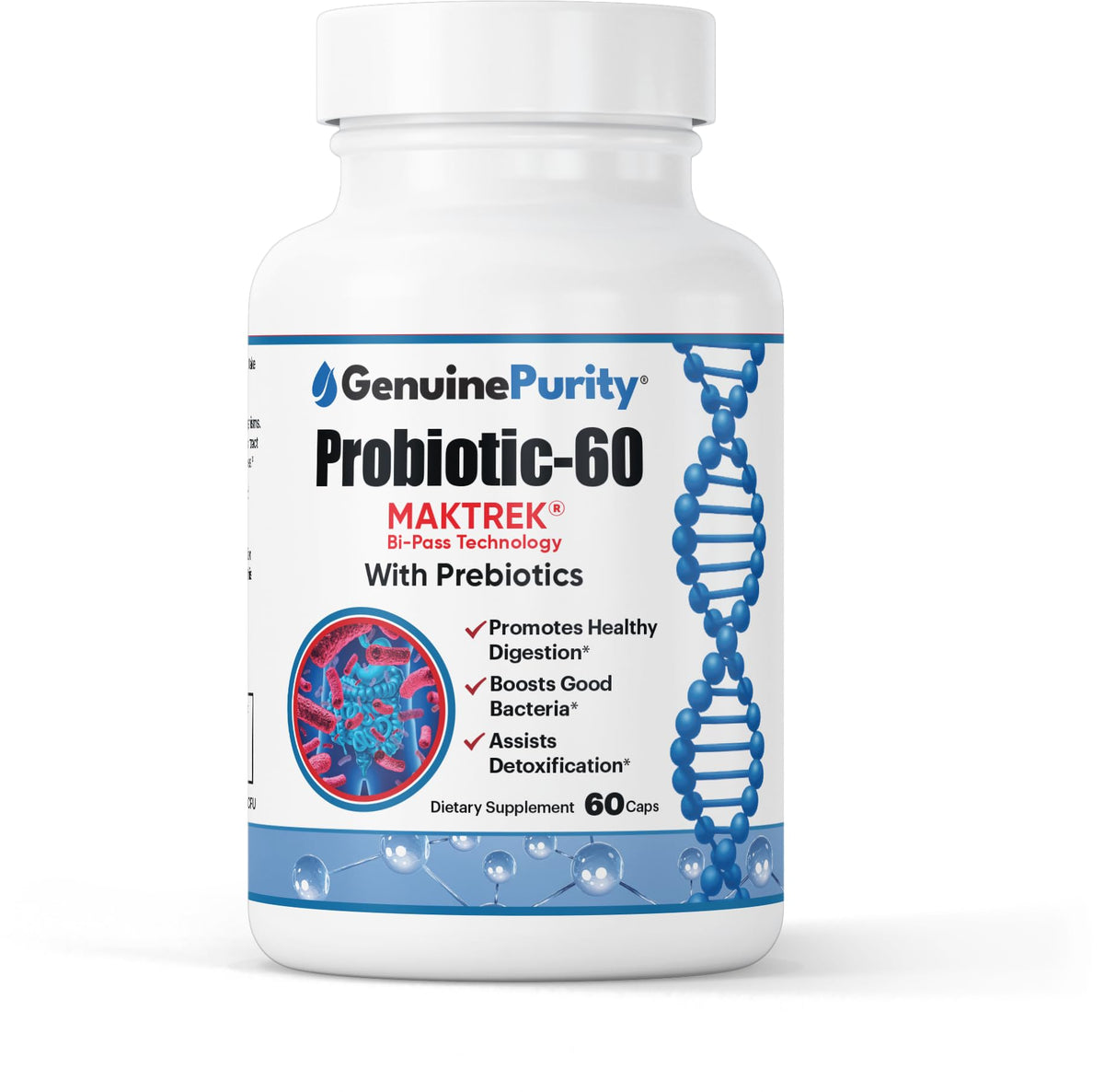 GenuinePurity Probiotic 60 Milliards CFU en flacon, soutien potentiel à l'équilibre digestif.