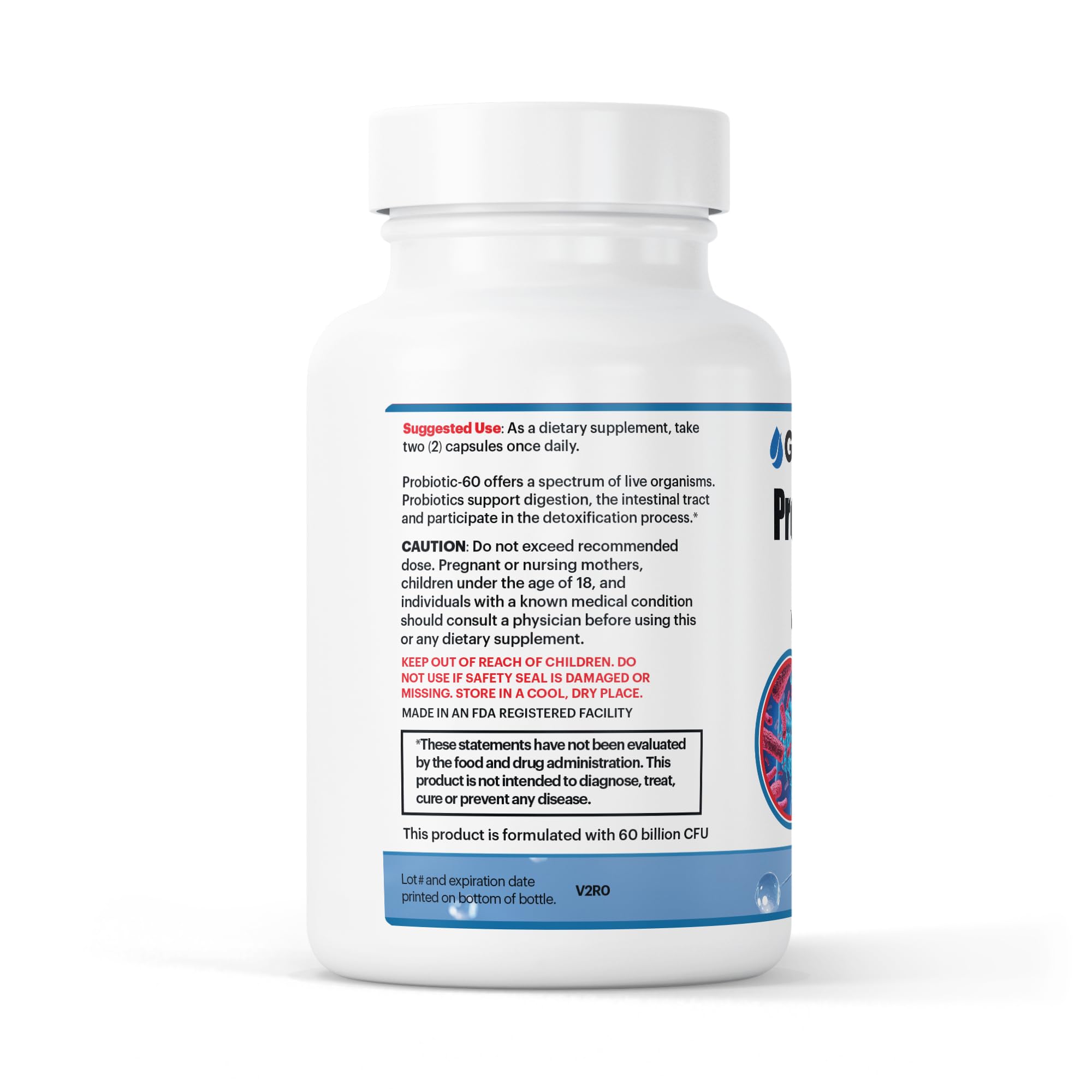 Flacon usage quotidien GenuinePurity Probiotic 60 Milliards CFU favorisant le bien-être digestif.