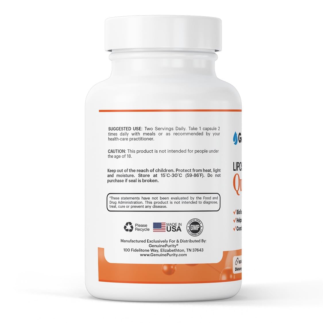 GenuinePurity quercétine liposomale - formulation liposomale avancée pour absorption améliorée.
