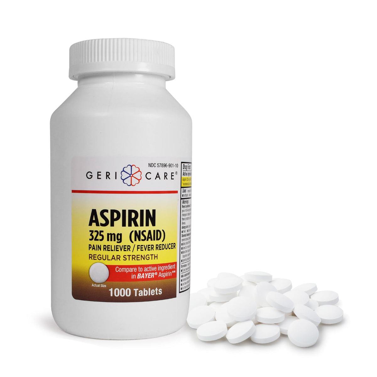 GeriCare aspirine 325 mg: bouteille montrant des comprimés blancs faciles à prendre.