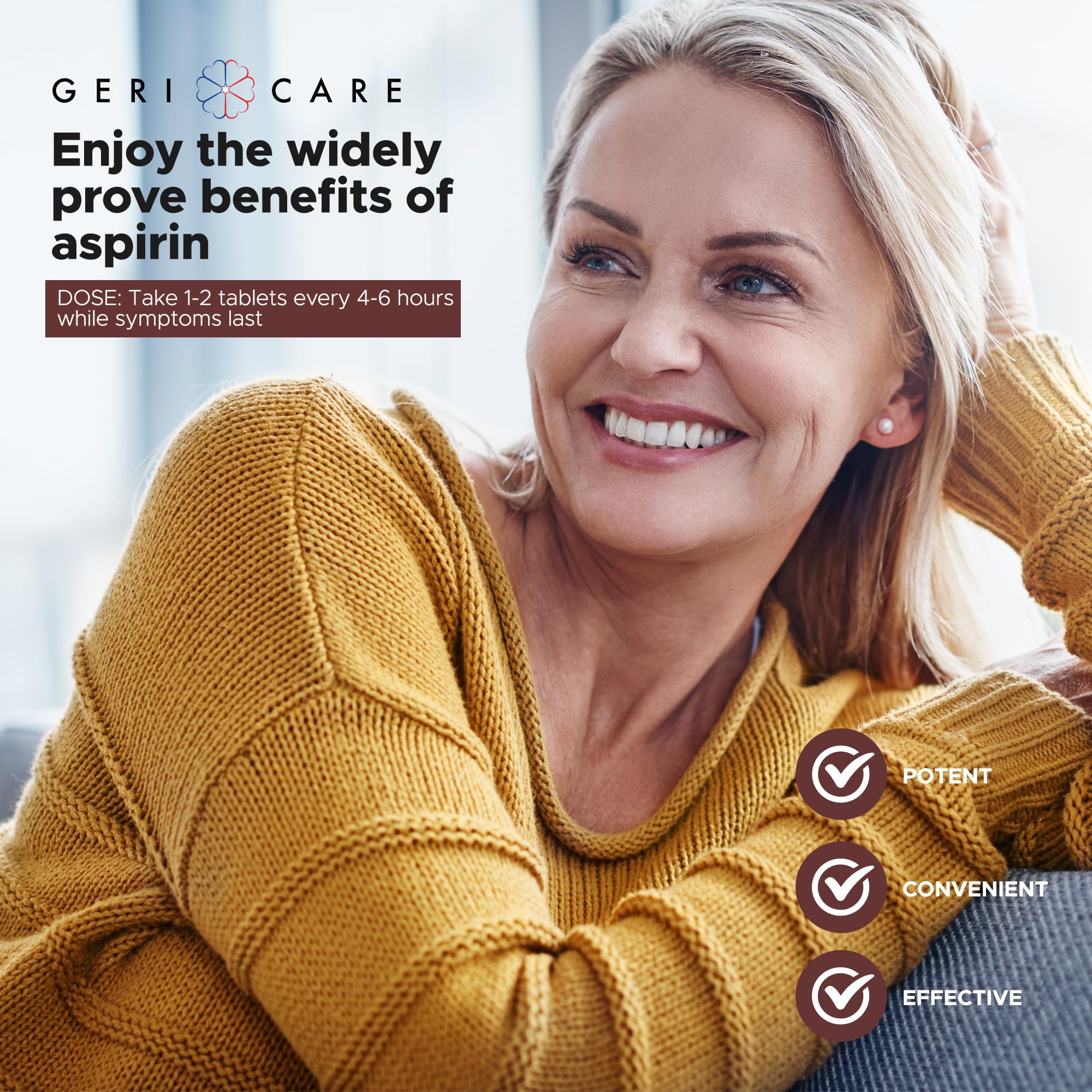 GeriCare aspirine 325 mg: dose recommandée affichée pour les prises régulières.