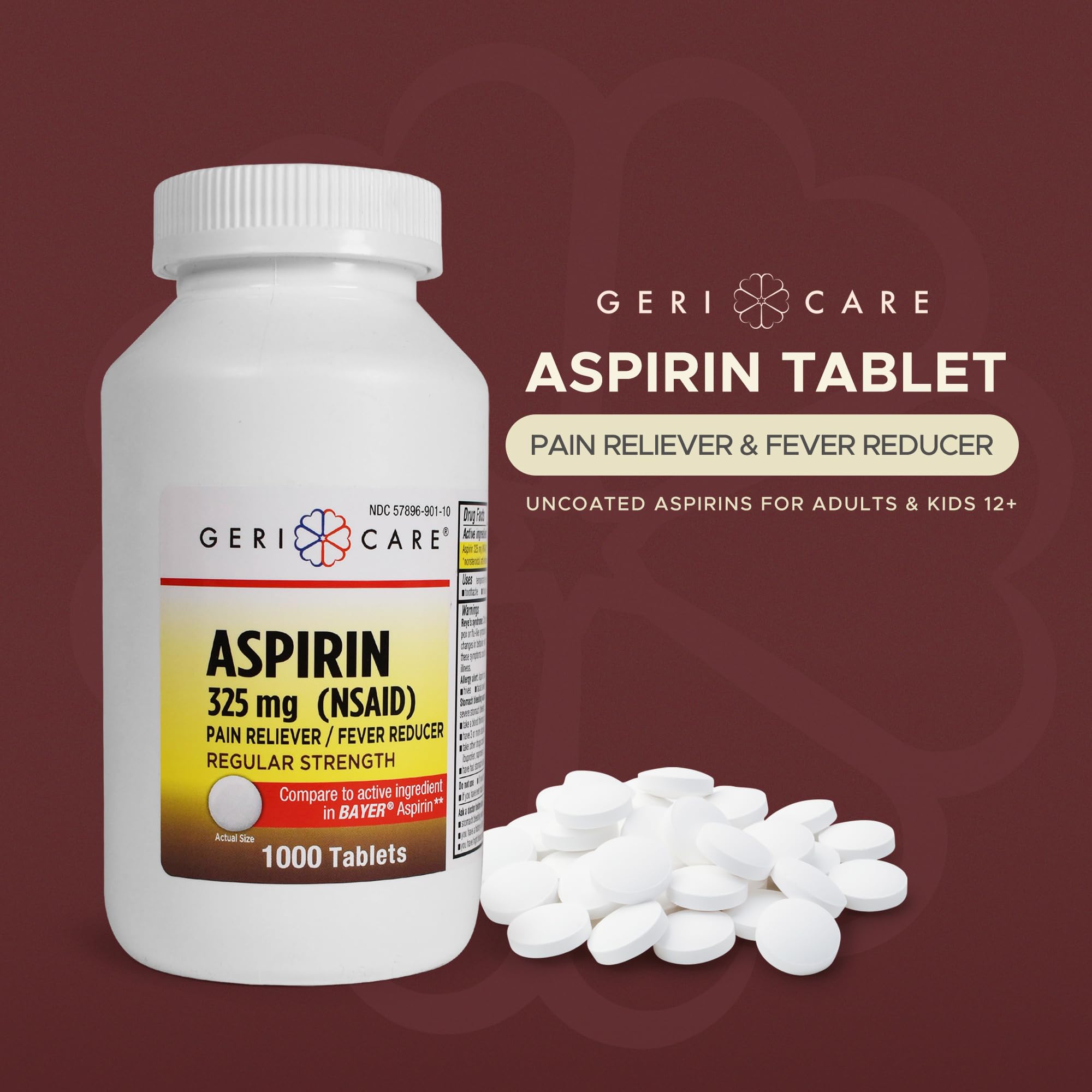 GeriCare aspirine 325 mg: comprimés blancs pour un usage polyvalent et pratique.