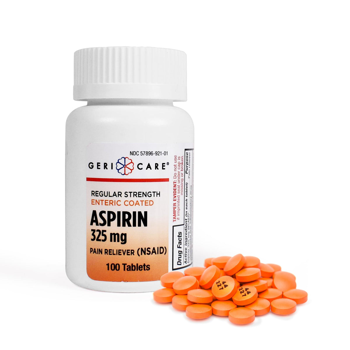 Aspirine entérique GeriCare 325 mg — bouteille et comprimés pour douleurs quotidiennes.