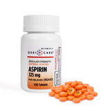 Aspirine entérique GeriCare 325 mg — bouteille et comprimés pour douleurs quotidiennes.