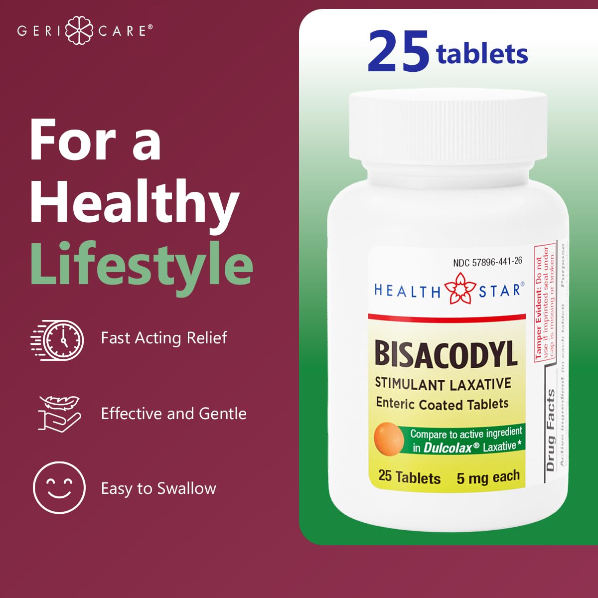 Boîte GeriCare Bisacodyl 5 mg, emballage pratique de 25 comprimés