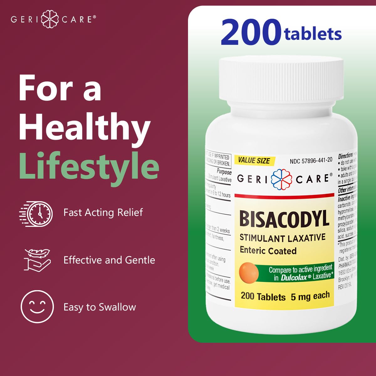 GeriCare Bisacodyl 5 mg – comprimés enrobés entériques, face avant du packaging.
