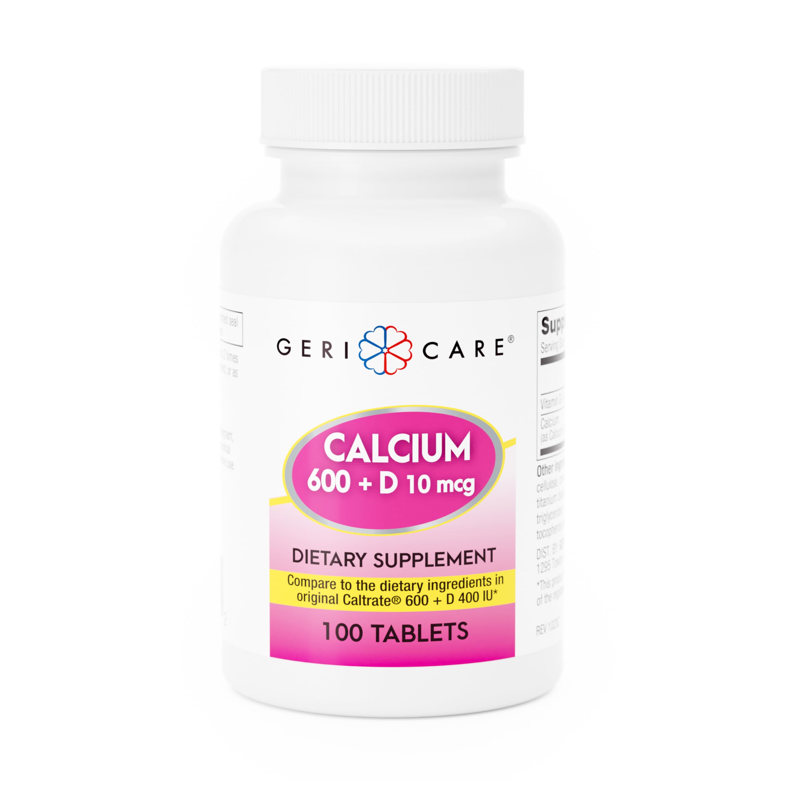 GeriCare Calcium 600mg et Vitamine D 10ug – bouteille et etiquette, soutien potentiel pour les os.