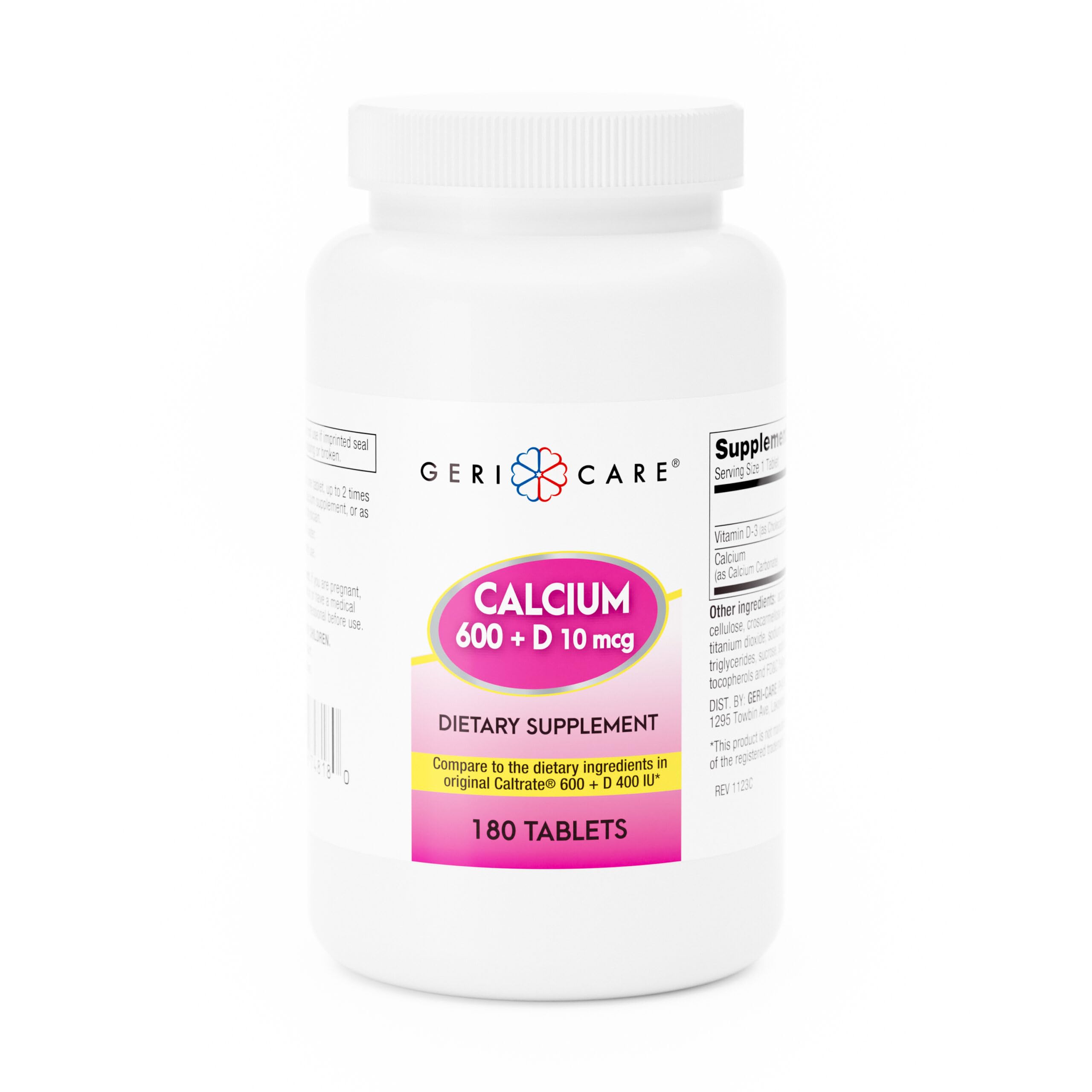 GeriCare Calcium 600mg, bouteille et étiquette, soutien potentiel à la santé osseuse.